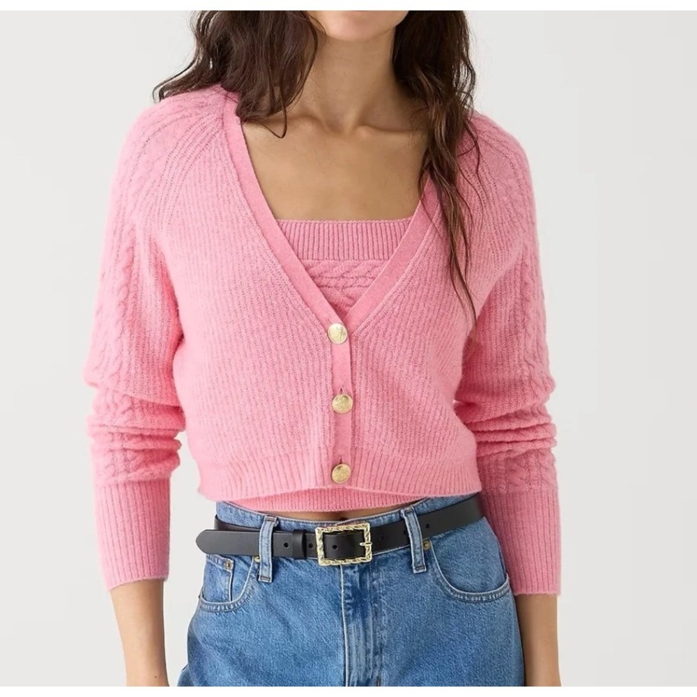 J Crew Supersoft Cropped Cable-Knit Sweater Tank Set in Pink sz S